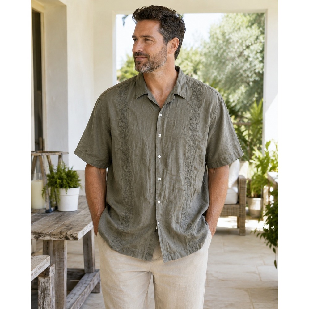Breakwater Mens XXL 100% Linen Short Sleeve Embroidered Camp Shirt Olive Green